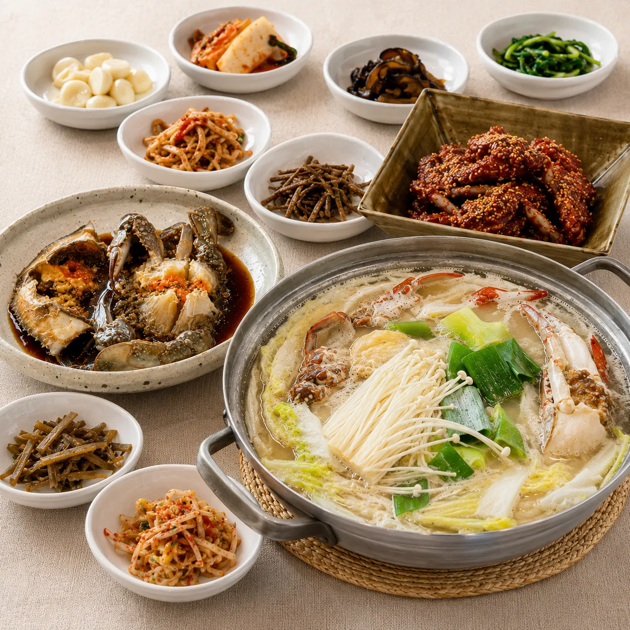 하얀게국지와 간장게장, 양념게장, 반찬으로 차린 통나무집사람들 한 상