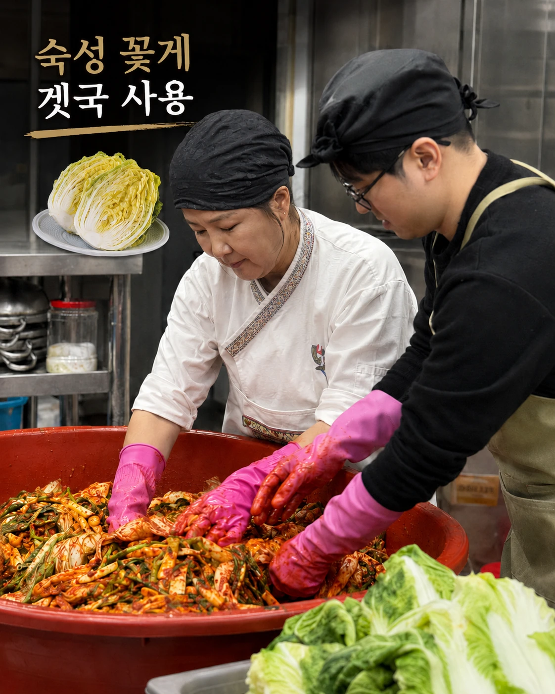 숙성 꽃게 겟국으로 하얀게국지 김치 양념을 직접 버무리는 모습